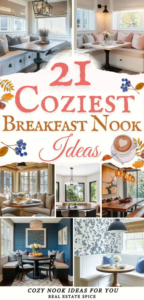 Be inspired with my cozy breakfast nook ideas and tips to help you create the perfect space for you and your family. From comfortable seating to stylish lighting tips, these nooks are perfect for quiet breakfasts, afternoon coffee breaks, and intimate gatherings. Whether working with a small space or a larger area, you'll find ideas to create a cozy nook you'll love. Learn how to use throw pillows, colors and contrasts, home decor, and seating options to create a beautiful, comfy nook! RealEstat Decorate Breakfast Nook, Breakfast Nook Table Decor, Cabin Breakfast Nook, Breakfast Nook Ideas Diy, Breakfast Nook Decorating Ideas, Breakfast Nook Ideas Bay Window, Breakfast Nook Sitting Area, Small Breakfast Nook Ideas, Kitchen Nook Ideas