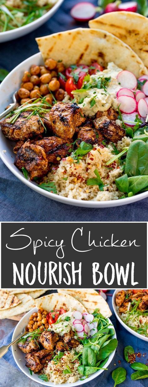 Spicy Chicken Nourish Bowl - A filling and nutritious warm salad, with middle eastern flavours -perfect for Fall. A healthier Autumn dinner. Chicken Nourish Bowl, Spicy Bowl, Nourish Bowl, Autumn Dinner, Healthy Bowls Recipes, Warm Salad, Healthy Bowls, Think Food, Fall Dinner