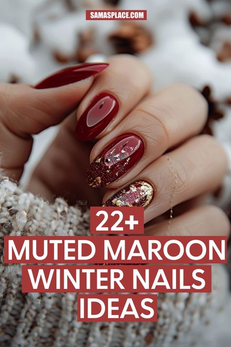 Long, almond maroon nails with gold foil accents that add warmth and sophistication, elevating the rich maroon base. Maroon Winter Nails, Maroon Nail Art, Maroon Nail Designs, Winter Nails Art, Festive Holiday Nails, Sophisticated Nails, Winter Nails Ideas, Snow Nails, Gold Foil Art