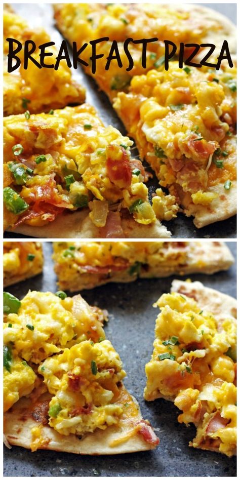 Breakfast Pizza ~ Flat bread covered with scrambled eggs, ham, peppers and onion.  Topped with cheese.  Perfect weekend breakfast or brunch recipe! Breakfast Pizza Recipe, Brunch Recipe, Flatbread Recipes, Flatbread Pizza, Flat Bread, Thanksgiving Food, Weekend Breakfast, Breakfast Pizza, Clean Food