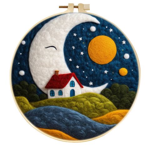 Needle Felting kit - Large Moon Night Sky Felt Gifts To Make, Needle Felting Designs, Wool Art On Canvas, Needle Felted Gifts, Felt Embroidery Projects, 2d Needle Felting, Felting Machine, Needle Felt Art, Needle Felted Art