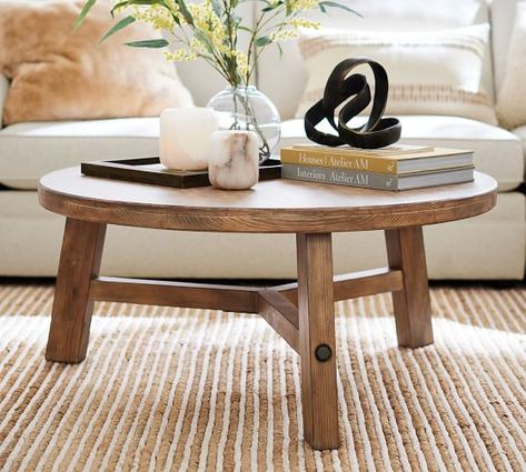 Glass, Wood and Metal Coffee Tables | Pottery Barn Circle Wood Coffee Table, Heritage Farmhouse, Coffee Table Circle, Farmhouse Round Coffee Table, Wooden Round Coffee Table, Round Coffee Table Rustic, Coffee Table Pottery Barn, Round Wooden Coffee Table, Coffee Table Plants