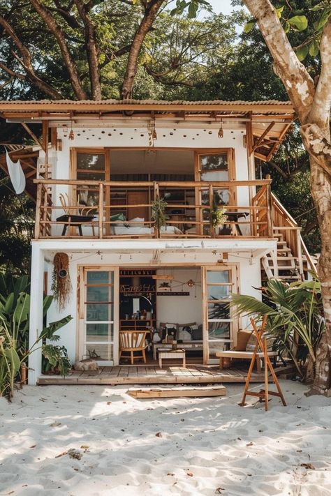 Boho Tiny House Exterior, Island Life House, Modern Beach Bungalow, Small Tropical House, Cheap Beach House, Beach Shack Exterior, Hawaiian Architecture, Tropical Cabin, Houses On Stilts