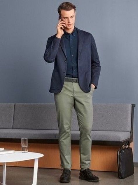 Dark Green Chinos for Men | Men's Fashion #men'scasualshoes #men's #casual #shoes #navy #blazers Green Chino Outfit Men, Casual Wedding Suit, Olive Pants Outfit, Chinos Men Outfit, Olive Chinos, Blazer Street Style, Olive Pants, Pants Outfit Men, Green Chinos