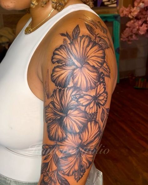 Jakiya Mason 🌹🎨 | Big Hibiscus Flowers 🌺 For her Floral Quarter sleeve, and other added pieces too Represent her Family 🫶🏽. Thank you for your Trust, Would… | Instagram Flower Sleeve Cover Up Tattoo, Hibiscus Tattoo With Butterfly, Hibiscus Flower Tattoos Black Women, Hibiscus Flower With Butterfly Tattoo, Tattoo Ideas Hibiscus Flower, Hibiscus Arm Tattoos For Women, Mixed Flowers Tattoo, Tattoo Ideas Hibiscus, Hibiscus Tattoo Black Women