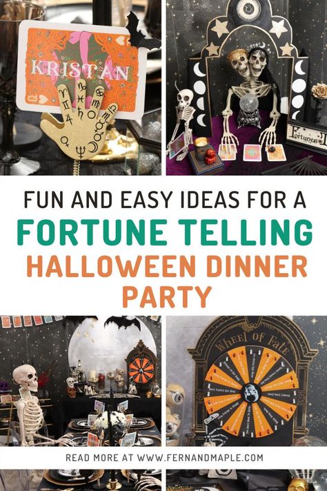 Host a Fortune Telling Halloween Dinner Party complete with DIY fortune-teller booth, tarot place cards, and a ouija-inspired serving tray! Get all the details at fernandmaple.com! Fortune Teller Cubicle, Seance Theme Party, Fortune Teller Decor Halloween Party, Fortune Teller Game Ideas, Fortune Teller Set Up, Tarot Card Halloween Decor, Tarot Card Theme Party, Fortune Telling Party Ideas, Fortune Teller Halloween Scene