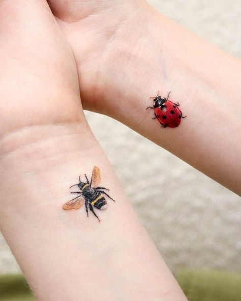 Ladybug And Bumblebee Tattoo, Mom And Daughter Bird Tattoos, Ladybug Matching Tattoos, Tiny Tattoos For Mom And Daughter, Mom And Daughter Tattoos Matching Small Meaningful, Cute Matching Tattoos Mothers Daughters, Unique Matching Tattoos Mother Daughters, Matching Tattoos For Mother And Daughter, Matching Mother And Daughter Tattoos