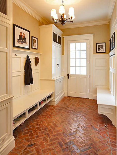 How to Add “Old House” Character & Charm to Your Newer Home {Step 6} | Beneath My Heart Low Bay Window Ideas Kitchen, Foyer Inspiration, Herringbone Brick Floor, Colonial Remodel, Mudroom Addition, Entryway Designs, Kitchen Mudroom, Brick Floor, Laundry Room/mud Room