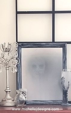 Create a haunted Halloween mirror this season. This DIY Halloween mirror will creep out your friends and family! - www.michellejdesigns.com Decorate A Mirror, Halloween Picture Frames, Mirror Writing, Halloween Mirror, Handmade Halloween Decorations, Halloween Things, Halloween Frames, Haunted Halloween, Diy Xmas Gifts