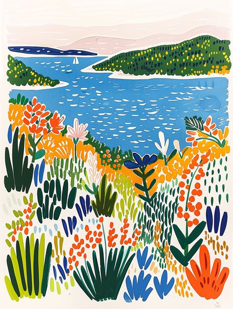 🌼✨ Embrace the beauty of minimalism! This stunning landscape showcases vibrant flowers in orange, white, and blue, inspired by Henry Matisse’s iconic lithographs. 🎨💙 With a touch of isometric anime style and quirky watercolors, this illustration captures the essence of simplicity and elegance. Perfect for a serene moment, just like a cover from The New Yorker magazine! 🌅🌸 Dive into a world where chaos is out, and beauty shines through. #Minimalism #MatisseInspired #ArtLovers #WatercolorMagic... Henry Matisse Paintings, Matisse Watercolor, Henry Matisse, Colorful Landscape Paintings, Vibrant Landscape, Matisse Paintings, Contemporary Illustration, Color Magic, Matisse Art