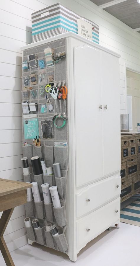 Craft Storage for home office with over the door closet organizer. Ikea 2015, Small Craft Rooms, Apartment Storage, Dream Craft Room, Craft Room Design, Sewing Room Organization, Office Crafts, Small Home Office, Craft Room Storage