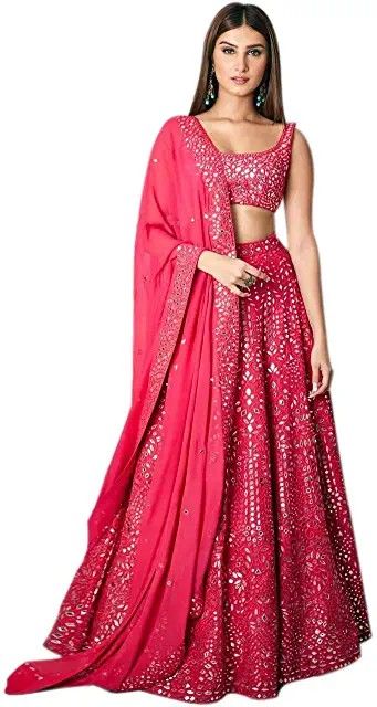 Women's Pink Color Georgette Heavy Embroidery And Mirror Work Lehenga Choli Hot Pink Lehenga, Gota Patti Lehenga, Mirror Work Lehenga, Indian Outfits Lehenga, Stitched Lehenga, Work Lehenga, Choli Designs, Pink Lehenga, Indian Gowns Dresses