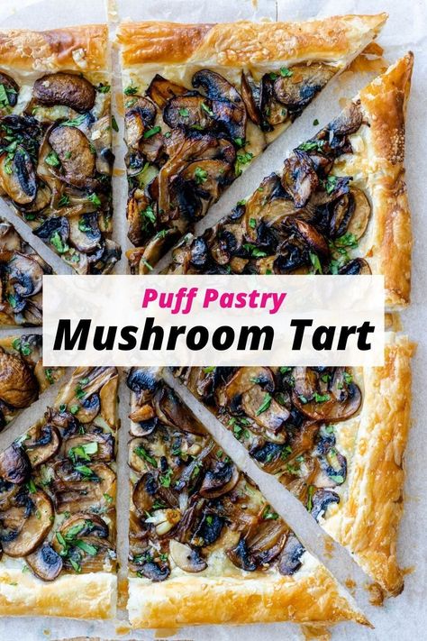 This Mushroom Tart is a crispy puff pastry, topped with sautéed mushrooms on a cheesy base. Easy to make in less than 30 minutes! Puff Pastry Recipes Dinner, Spinach Tart, Puff Pastry Recipes Savory, Spinach Puff Pastry, Spinach Puff, Mushroom Tart, Vegan Tarts, Mushrooms And Spinach, Vegan Pizza Recipe