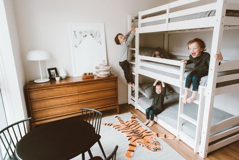 Tri Bunk Beds Small Rooms, Triplet Boys Bedroom, White Bunk Beds Boys Room, Double Bunk Beds Small Room, Room With 3 Beds, Triplet Bedroom, Triplets Room, Triplet Room Ideas, Boys Bunk Room