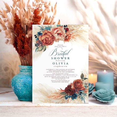 Teal Bridal Shower, Tropical Bridal Shower Invitations, Blue Terracotta, Burnt Orange Weddings, Tropical Bridal Showers, Elegant Bridal Shower, Shade Flowers, Flowers Botanical, Floral Bridal Shower Invitations