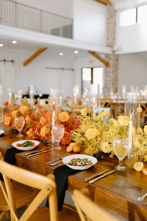 Colorful color block orange and yellow wedding reception table #colorfulreception #orangeweddingreception #yellowweddingreception #rainbowwedding #rainbowweddingreception Yellow Wedding Reception, Pop Of Color Wedding, Minimalistic Wedding, Yellow Table, Rainbow Wedding, Wedding Ceremony Flowers, Custom Cocktail Napkins, Color Wedding, Wedding Reception Tables