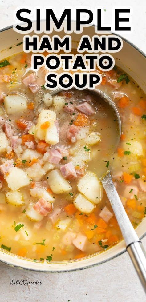 a pot of soup with a ladle and text overlay that reads simple ham and potato soup Ham Bone Potato Soup Crockpot, Ham And Potato Soup Crockpot Easy, Crock Pot Ham And Potato Soup, Ham Potato Soup Crockpot, Crockpot Potato And Ham Soup, Slow Cooker Ham And Potato Soup, Ham And Potato Soup Stove Top, Ham Bone Soup Recipes Crock Pot, Ham And Potato Soup Crockpot