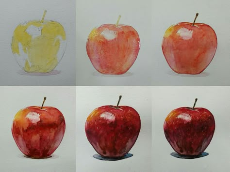 Watercolor Apple Tutorial, Watercolor Art Fruit, Apple Watercolor Painting, Apples Watercolor, Watercolour Apple, Realism Watercolor, Apple Watercolor, Drawing Apple, Fruit Watercolor