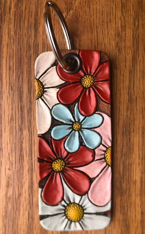 Tooled Leather Keychain Ideas, X Carve Projects, Tooled Keychain, Leather Dye Diy, Leather Craft Ideas, Tooled Leather Keychain, Leather Painting, Handmade Leather Work, Custom Leather Work