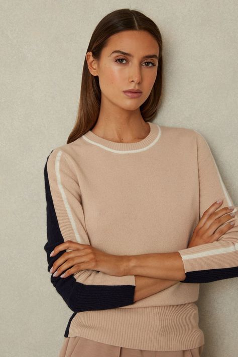 The Annie jumper is spun from a delectable wool blend with cashmere into a classic crew-neck shape. It's designed with a contrasting back with white tipping to the neckline and sleeves. Wool blend with cashmere. Contrasting back. White tipping. Crew neckline. Ribbed trims. The model is wearing a size S. Measurements of model: Height 5ft 10 / 178cm. Hand wash only. 70% Iron, 30% Brass. Knitwear Sweaters, Crew Neck Jumper, Swimwear Brands, Of Model, Swimwear Cover Ups, Black Shirt Dress, Color Block Sweater, Tie Shoes, Summer Maxi Dress