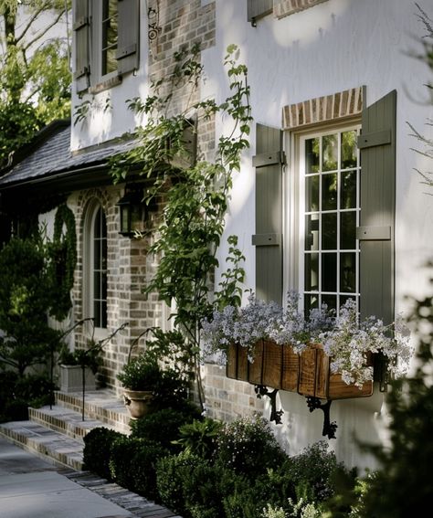 Home Exterior With Shutters, House With Windows Exterior, English Farmhouse Landscaping, House Exterior Makeover On A Budget, English Cottage Shutters Exterior, Cottage Style Window Trim, Exterior Door Shutters, Contrast Trim Exterior, Farmhouse Window Trim Exterior