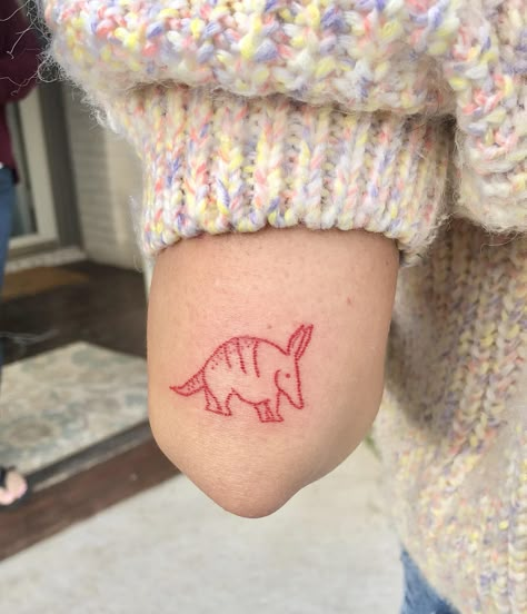 Red Ink Stick And Poke, Colored Stick And Poke Tattoo, Cute Armadillo Tattoo, Bird Stick And Poke, Armadillo Tattoo Simple, Red Stick And Poke Tattoo, Aardvark Tattoo, Messy Tattoo, Armadillo Tattoo