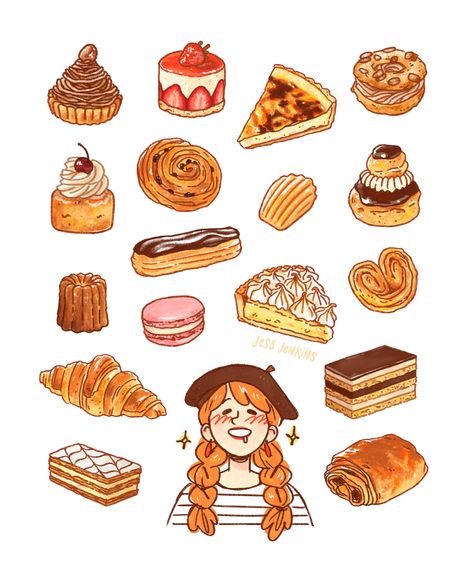 French pastries illustration by Jess Jenkins. 

Pastries include: mont blanc, frasier, flan, paris-brest, baba au rhum, pain aux raisins, madeleine, religieuse, canele macaron, tarte au citron, palmier, croissant, opera, mille-feuille, pain au chocolate 

#foodillustration #illustration #illustrator #digitalillustration #frenchillustration #dessins Pastries Illustration, Pastry Drawing, Croissant Illustration, Pastry Illustration, Paris Brest, French Bakery, French Pastries, Design Inspo, Drawing Ideas