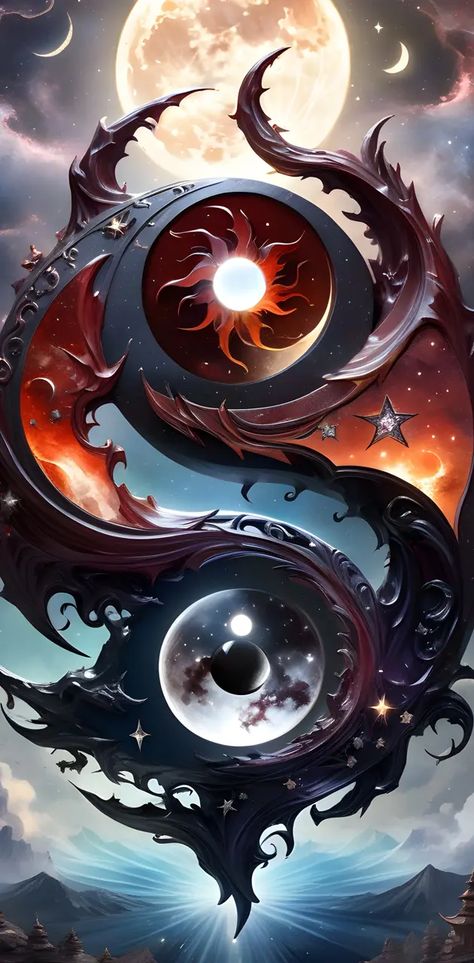 Ying Yang Wallpaper, Yin Yang Images, Ying Yang Art, Phoenix Wallpaper, Sun Wallpaper, Yin Yang Art, Mystical Animals, Dragon Artwork Fantasy, Fantasy Wall Art