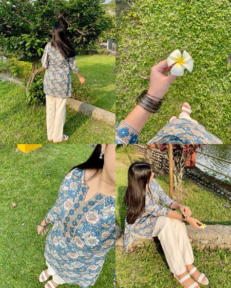 Poses For Girlies Traditional, Photo Ideas In Desi Outfit, Poses For Pictures Traditional, Kurti Dress Photo Pose, Indian Kurti With Jeans, Poses For Kurti Outfit, Kurti Poses Ideas, Desi Aesthetic Poses In Kurti, Poses In Kurta Women Aesthetic