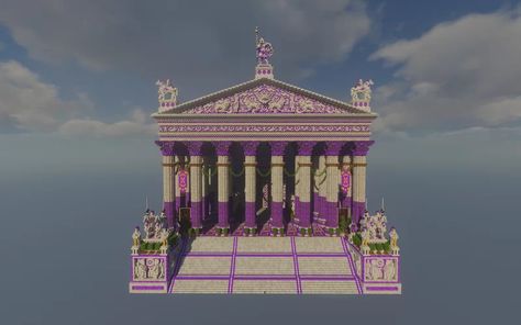 Purple Roman Temple | 5:1 Build Series Minecraft Map Greek Temple Minecraft, Minecraft Roman Builds, Minecraft Pillar Designs, Temple Minecraft, Roman Temple, Fairy Castle, Pillar Design, Purple I, Greek Temple