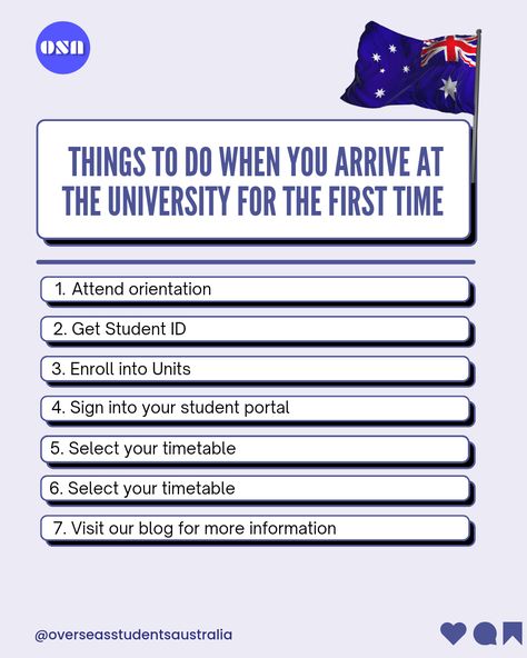 Starting a university is an exciting time. Let alone if you decide to do it in another country. We've listedsome things you need to do when you arrive at the university for the first time in Australia as an international student. If you want to know more, visit our blog (link in stories↗️) Share this post with someone coming to study in Australia. #osa #overseasstudents #internationalstudents #studyinaustralia #studyaustralia #studentlife Australia Student Life, Things Quotes, Study In Australia, Travel Packing Checklist, Student Portal, Work Permit, Moving To Australia, Packing Checklist, University Studying