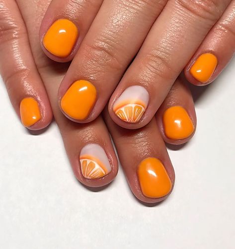 Oranges On Nails, Citrus Manicure, Cutie Orange Nail Design, Orange Fruit Nail Art, Nails With Oranges Fruit, Short Nails Shellac, Cute Shellac Nails, Short Oval Nails, Orange Nail Art