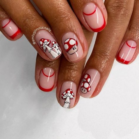 Nail Designs With Mushrooms, Mushroom Design Nails, Mushroom Nails Designs, Mushroom Manicure, Trippy Mushroom Nails, Mushroom Nail Designs, Mushrooms Nails, Easy Pride Nails, French Mushroom