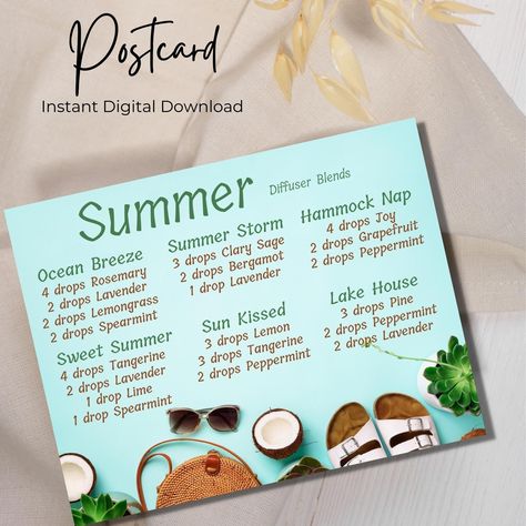 Summer Diffuser Blend Postcard. Download and print at home or send to your favorite printer like VistaPrint or Office Depot. #diffuserblends #difffuserblendspostcard #diffuserblendpostcard #essentialoilspostcard #essentialoilmail #summerdiffuserblends #diffuserblends Candle Recipes, Summer Diffuser Blends, Essential Oil Diffuser Blends Recipes, Homemade Oil, Postcard Stamps, Oil Diffuser Recipes, Diffuser Blend, Diffuser Recipes, Essential Oil Diffuser Blends