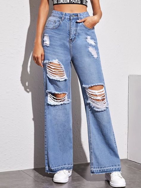 Ripped High Rise Wide Leg Jeans | SHEIN USA Ripped Jeans Outfit Winter, Looks Hip Hop, Wide Leg Jeans Outfit, Ripped Jeans Outfit, Jeans Outfit Winter, Cute Outfits With Jeans, High Rise Wide Leg Jeans, Outfit Jeans, High Waisted Mom Jeans