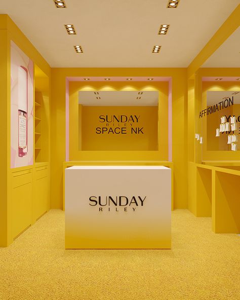 Stage render design #design #skincare #yellow Skincare Booth, Mini Stage, Render Design, Visual Merchandising Displays, Sunday Riley, Merchandising Displays, Pop Up Store, Booth Design, Retail Display