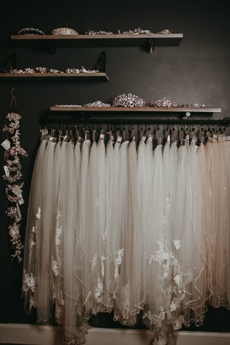 The loveliest accessories✨ Moody Boutique, Bridal Store Veil Display, Bridal Studio Interior, Wedding Dress Boutique Interior, Bridal Stores Interior, Bridal Store Interior, Luxury Bridal Boutique Interior, Wedding Dress Store Interior, Wedding Gown Shop Interior