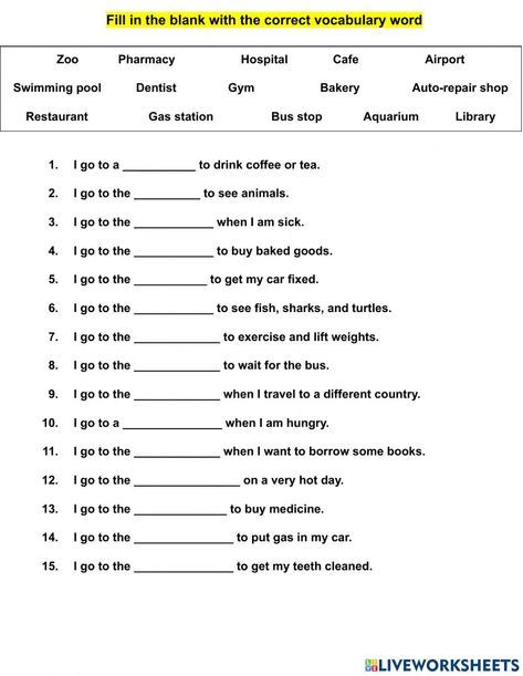 Around Town Fill in the Blanks worksheet Fill In The Blanks Worksheets, Teaching Vowels, Special Education Activities, English Worksheet, English Grammar Worksheets, Wh Questions, Education Activities, Fill In The Blank, Vocabulary Worksheets