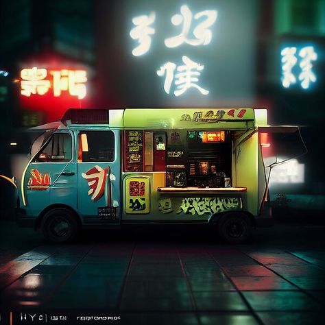 Ramen Food Truck, Tokyo Ramen, Cyberpunk Tokyo, Ramen Food, Truck Stickers, Ramen Recipes, Cyberpunk Aesthetic, Sticker Art, Food Truck