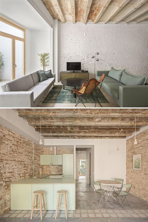 Barcelona Apartment, Story Building, Modern Properties, Contemporary Apartment, Exposed Brick Walls, Bar Interior, Hotel Interiors, Bedroom With Ensuite, Shop Interiors