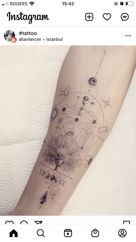 Geometric Universe Tattoo, Archer Tattoo, Cosmos Tattoo, Tech Tattoo, Art Inspired Tattoos, Celestial Tattoo, Universe Tattoo, Feminine Tattoo Sleeves, Planet Tattoos