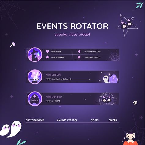 Spooky Vibes Events Widget with Alerts| Halloween Events Rotator Vtubers Twitch Streamers | Spooky Ghosts Events Widget With Alert Stream Layout, Witch Twitch Overlay, Witchy Twitch Overlay, Halloween Widget, Spooky Stream Overlay, Twitch Livestream Designs, Chat Bubble, Cheer Hacks, Purple Stream Overlay