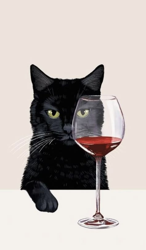 Black Cat Illustration, Cat Wine, Black Cat Print, Cat Lady Gift, Black Cat Art, Cats Artists, A Black Cat, Wine Art, Halloween Illustration