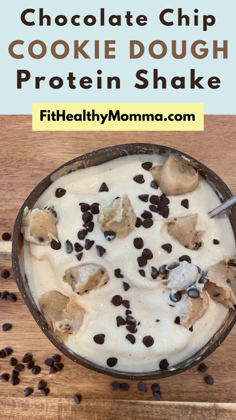 Chocolate Chip Cookie Dough Protein Shake Monster Cookie Protein Shake, Chocolate Chip Cookie Protein Shake, Protein Shake Bar At Home, Smores Protein Shake, Premier Protein Cookie Dough Shake Recipes, Dessert Protein Shake, Protein Shake Dessert Recipes, Cookie Dough Protein Shake, Chocolate Chip Protein Shake