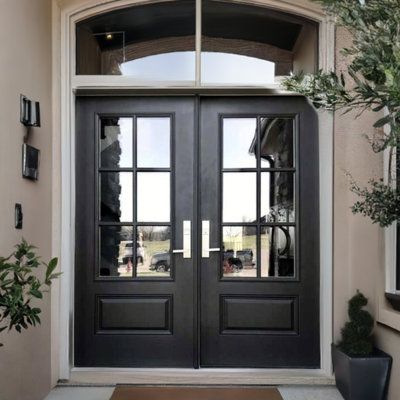 Black Front Doors Double, Double Front Entry Doors Mediterranean, Fabulous Front Doors, Cape Cod Black Front Door, Half Glass Double Front Door, Stylish Front Doors, Front Double Doors Entryway, Modern Farmhouse Front Doors, Front Door Glass Design