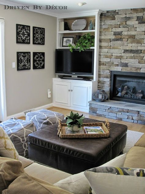 House Tour: Family Room | Driven by Decor Lived In Living Room, Lakehouse Decorating Ideas, Off Center Fireplace, Furniture Must Haves, Kitchen Diner Family Room, Room Diy Projects, Family Room Design With Fireplace, Before And After Makeover, Painted Brick Fireplace