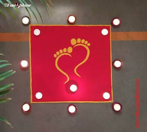 Rangoli On Plate, Rangoli Designs For Gauri Puja, New Rangoli Designs Creativity Diwali, Gauri Ganpati Rangoli Design, Deewali Rangoli Designs, Simple Diwali Rangoli Ideas Easy, New Rangoli Designs Creativity Easy, Diwali Easy Rangoli Designs, Laxmi Rangoli Designs Diwali