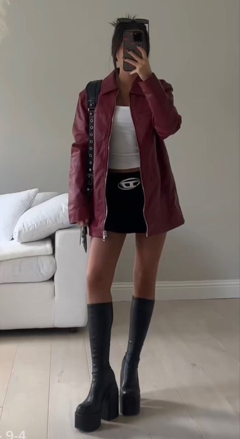 Red High Heel Boots Outfits, Red And Leather Outfit, Red Jacket Fall Outfit, Fall 2023 Fashion Trends Red, Pop Of Red Outfit Fall, Leather Jacket Burgundy, Red High Boots Outfit, Fall Outfits Cherry Red, Cherry Red Jacket Outfit