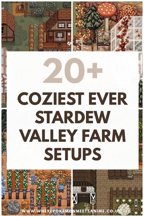 Best Stardew Valley farm layout setup ideas Stardew Valley Tiny Farm, Stardew Valley Farm Setup, Stardew Valley Farm Aesthetic Layout, Cellar Design Stardew Valley, Sdv Grandpas Farm Layout, Stardew Farm Layout Aesthetic, Standard Farm Design Stardew Valley, Preserve Jars Stardew Valley, Stardew Greenhouse Exterior