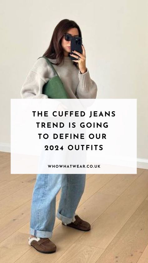 Cuffed jeans are the new-season denim trend that feels fresher than all the rest. Cuff your own jeans to get the look, or shop our edit of the best styles. Cuff Boot Cut Jeans, Puddle Jeans Street Style, High Cuffed Jeans Outfit, How To Wear Cuffed Jeans, Cuff Wide Leg Jeans, Cuffed Jeans With Sneakers, Jeans Trends 2024 Fall, Cuffed Jeans Outfit 2023, Wide Cuffed Jeans Outfit